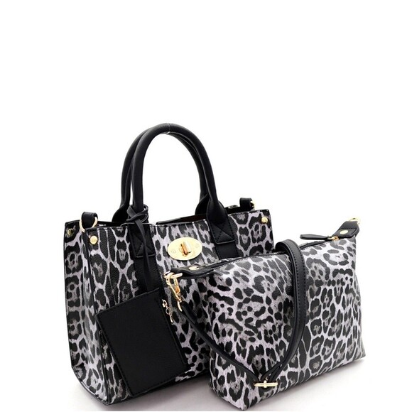 Fashion 3 pcs Black Handbag Set Leopard Print Tote Medium Satchel Bag - Picture 1 of 2